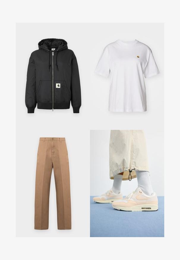 Fekete, kapucnis dzseki, elöl cipzárral, bordázott mandzsettákkal és hempergő aljjal, az alsó elején egy négyzet alakú logóval. Könnyű, sima anyagból készült.; Fehér pamut póló laza szabással, rövid ujjakkal és egy kis hímzett logóval a bal mellrészén.; Barna pamutnadrág egyenes szárú kialakítással, gombos zárral, övbújtatókkal, és minimális varrással a tiszta megjelenésért.; A Nike Air Max 1 könnyű, fehér és puha barack színű felsőrésszel rendelkezik, amely hálós és bőr anyagokból készült, látható légpárnával és textúrázott talppal.