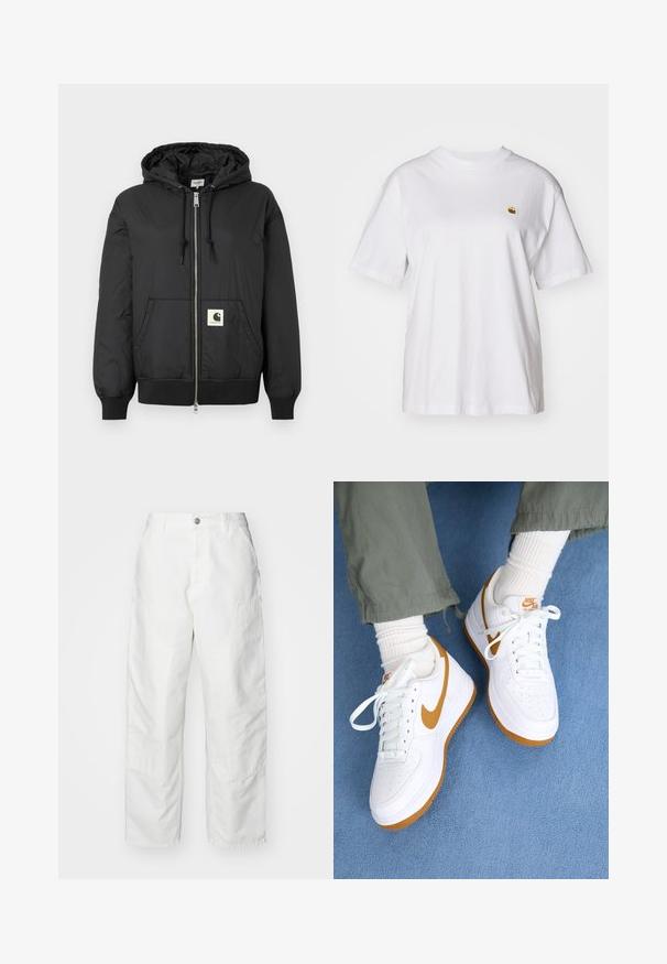 Svart hettejakke med glidelås foran, ribbede mansjetter og hem, samt en firkantet logo-patch nederst foran. Laget av lett og glatt stoff.; Hvit bomulls t-skjorte med avslappet passform, korte ermer og en liten brodert logo på venstre brystområde.; Hvite cargo-bukser laget av denim, med en avslappet passform, sidelommer og synlige sømmer. Enkelt front med knapplukking.; Nike Sportswear AIR FORCE 1 07 NEXT NATURE - Joggesko - white/flax
