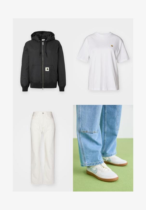 Melns kapuci jaka ar rāvējslēdzēju priekšpuses, ribotām piedurknēm un apakšējo daļu, kā arī kvadrātveida logo uzlīmi apakšējā priekšpusē. Izgatavota no viegla, gluda auduma.; Balta kokvilnas T-kreklā ar brīvu piegriezumu, īsām piedurknēm un mazu izšūtu logotipu kreisajā krūtīs.; Baltās denima bikses ar augstu vidukli un plašu piegriezumu. Iezīmējas ar pogu un rāvējslēdzēja aizdari, jostu cilpiņām un smalkiem šķiedru akcentiem.; Baltas sporta apavi ar gaiši ziliem akcentiem, teksturētu acs augšdaļu un brūnu gumijas zoli, kombinēti ar brīviem gaiši ziliem džinsiem.