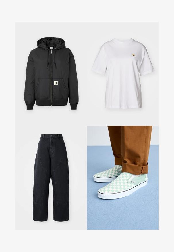 Svart hettejakke med glidelås foran, ribbede mansjetter og hem, samt en firkantet logo-patch nederst foran. Laget av lett og glatt stoff.; Hvit bomulls t-skjorte med avslappet passform, korte ermer og en liten brodert logo på venstre brystområde.; Sorte denim bredbukser med høy livlinje, to store frontlommer og kneppestang i midjen. Glatt tekstur, uformelt design.; Føtter i brune oppbrettede bukser med pastellgrønne og hvite sjakkmønstrede slip-on Vans sneakers på et lyseblått teppe.
