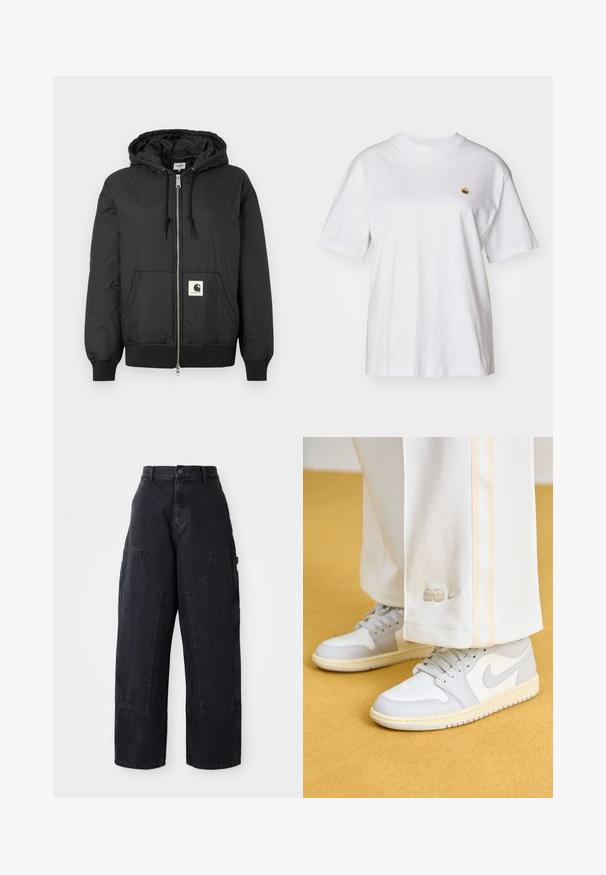 Jachetă neagră cu glugă, cu fermoar frontal, manșete și tiv ribbate și un patch pătrat cu logo în partea inferioară din față. Fabricată dintr-un material ușor și neted.; Tricou alb din bumbac cu o croială lejeră, mâneci scurte și un mic logo brodat în zona stângă a pieptului.; Pantaloni cargo din denim negru, cu croială largă și talie înaltă, două buzunare mari în față și închidere cu nasture la talie. Textură netedă, design casual.; Jordan AIR JORDAN 1 LOW - Sneakers low - sail/neutral grey/coconut milk