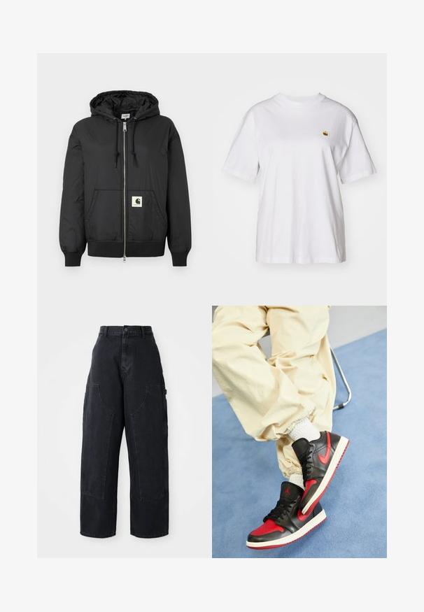 Jachetă neagră cu glugă, cu fermoar frontal, manșete și tiv ribbate și un patch pătrat cu logo în partea inferioară din față. Fabricată dintr-un material ușor și neted.; Tricou alb din bumbac cu o croială lejeră, mâneci scurte și un mic logo brodat în zona stângă a pieptului.; Pantaloni cargo din denim negru, cu croială largă și talie înaltă, două buzunare mari în față și închidere cu nasture la talie. Textură netedă, design casual.; Sneakers din piele negre și roșii cu talpă albă, având un swoosh roșu proeminent și logo-ul Jordan, asortate cu pantaloni de culoare crem.