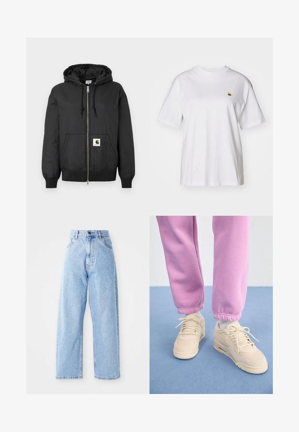 Czarna kurtka z kapturem, zapinana na zamek błyskawiczny, z prążkowanymi mankietami i dolnym hemem oraz kwadratową naszywką z logo z przodu na dole. Wykonana z lekkiego, gładkiego materiału.; Biała bawełniana koszulka z luźnym krojem, krótkimi rękawami i małym haftowanym logo po lewej stronie klatki piersiowej.; Jasnoniebieskie dżinsy z wysokim stanem, proste szerokie nogawki, z przodu zapinane na guzik i zamek błyskawiczny, oraz kieszenie z przodu i z tyłu.; Beżowe sneakersy z teksturowaną cholewką, wyściółką na języku i sznurowanym zapięciem, w zestawie z dopasowanymi różowymi dresami z prążkowanymi mankietami.