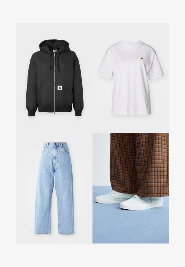 Crna jakna s kapuljačom, sa patentnim zatvaračem sprijeda, rebrastim manžetama i donjim rubom, te kvadratnom oznakom na donjem prednjem dijelu. Izrađena od laganog, glatkog materijala.; Bijela pamučna majica s opuštenim krojem, kratkim rukavima i malim izvezenim logom na lijevoj strani prsnog dela.; Svijetloplave traperice visokog struka sa ravnim širokim nogavicama, prednjim dugmetom, zatvaranjem na zatvarač, te prednjim i stražnjim džepovima.; Svijetloplave tenisice koje se nose s smeškim i plavim kariranim širokim hlačama na svijetloplavom tepihu.