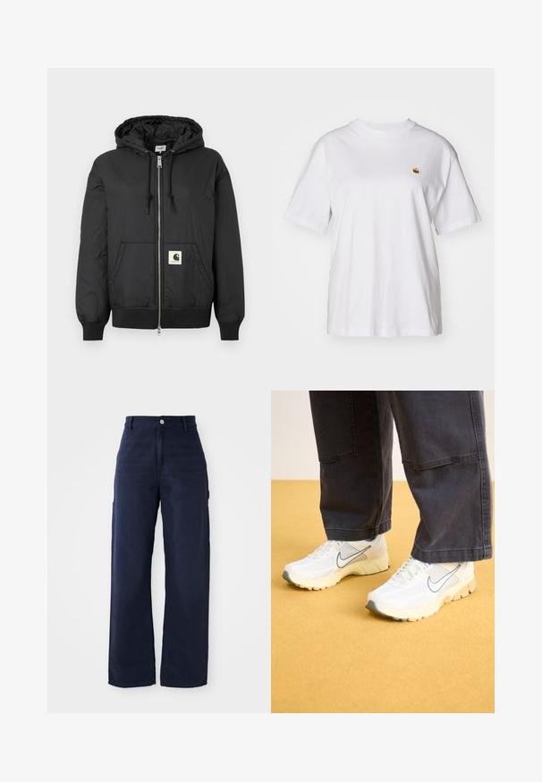 Melns kapuci jaka ar rāvējslēdzēju priekšpuses, ribotām piedurknēm un apakšējo daļu, kā arī kvadrātveida logo uzlīmi apakšējā priekšpusē. Izgatavota no viegla, gluda auduma.; Balta kokvilnas T-kreklā ar brīvu piegriezumu, īsām piedurknēm un mazu izšūtu logotipu kreisajā krūtīs.; Jūras zilas platās kājas kravas bikses, izgatavotas no izturīgas kokvilnas auduma, ar sānu kabatām un pogu aizdari viduklī.; Baltas sporta apģērbs ar tīkla un sintētiskajiem materiāliem, ar pelēku logotipu, teksturētu zoli un bēšiem akcentiem, saskaņots ar tumšām biksēm.