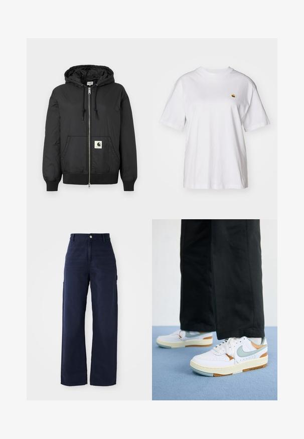 Melns kapuci jaka ar rāvējslēdzēju priekšpuses, ribotām piedurknēm un apakšējo daļu, kā arī kvadrātveida logo uzlīmi apakšējā priekšpusē. Izgatavota no viegla, gluda auduma.; Balta kokvilnas T-kreklā ar brīvu piegriezumu, īsām piedurknēm un mazu izšūtu logotipu kreisajā krūtīs.; Jūras zilas platās kājas kravas bikses, izgatavotas no izturīgas kokvilnas auduma, ar sānu kabatām un pogu aizdari viduklī.; Cilvēks, kurš valkā baltas, gaiši zilas un brūnas Nike kedas ar baltām auklītēm, melnas bikses un baltas zeķes, stāv uz gaiši zila grīdas.