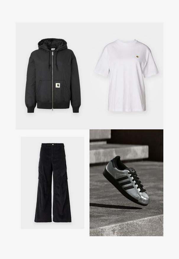 Svart huva jacka med zip-förfront, ribbade ärmar och nederkant, samt en fyrkantig logotyp på den nedre framsidan. Tillverkad av lätt, slät tyg.; Vit bomull t-shirt med avslappnad passform, korta ärmar och en liten broderad logotyp på vänster bröstområde.; Svarta kordfløyelscargo byxor med vida ben, med strukturerade vertikala ribbor, sidofickor och en knappstängning i midjan.; Silverfärgad sneaker med svart gummisula, svarta skosnören och tre svarta ränder. Har en metallisk yta och klassisk tåhattdesign.