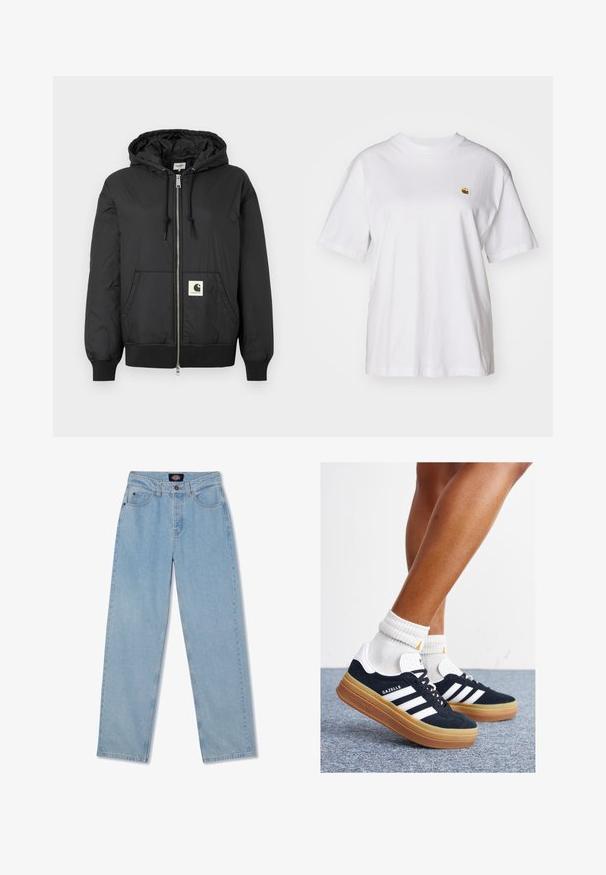 Melns kapuci jaka ar rāvējslēdzēju priekšpuses, ribotām piedurknēm un apakšējo daļu, kā arī kvadrātveida logo uzlīmi apakšējā priekšpusē. Izgatavota no viegla, gluda auduma.; Balta kokvilnas T-kreklā ar brīvu piegriezumu, īsām piedurknēm un mazu izšūtu logotipu kreisajā krūtīs.; Gai zili džinsi ar taisnu piegriezumu, piecām kabatām, pogu aizdari un ar maigiem nodilumiem priekšpusē.; Melnas zamšādas sporta kurpes ar baltām svītrām un akcentiem, apaļa purngala daļa, gumijas zole, kopā ar baltām ribotām sporta zeķēm.