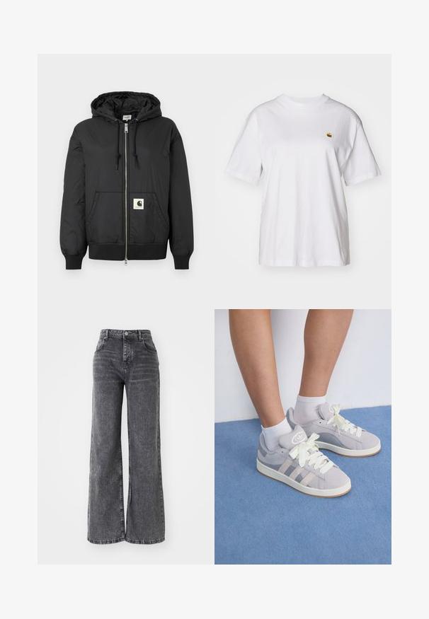 Černá mikina s kapucí, s předním zipem, žebrovanými manžetami a lemem, a čtvercovou nášivkou s logem na dolní části předního dílu. Vyrobena z lehkého, hladkého materiálu.; Bílý bavlněný tričko s volným střihem, krátkými rukávy a malým vyšívaným logem na levé části hrudi.; Šedé džíny s širokými nohavicemi a vysokým pasem, které mají tradiční pět kapsový design a subtilní vybledlý vzhled.; Šedé semišové tenisky s bílými tkaničkami a gumovou podrážkou, s třemi šikmými pruhy po straně a logem na jazyku.