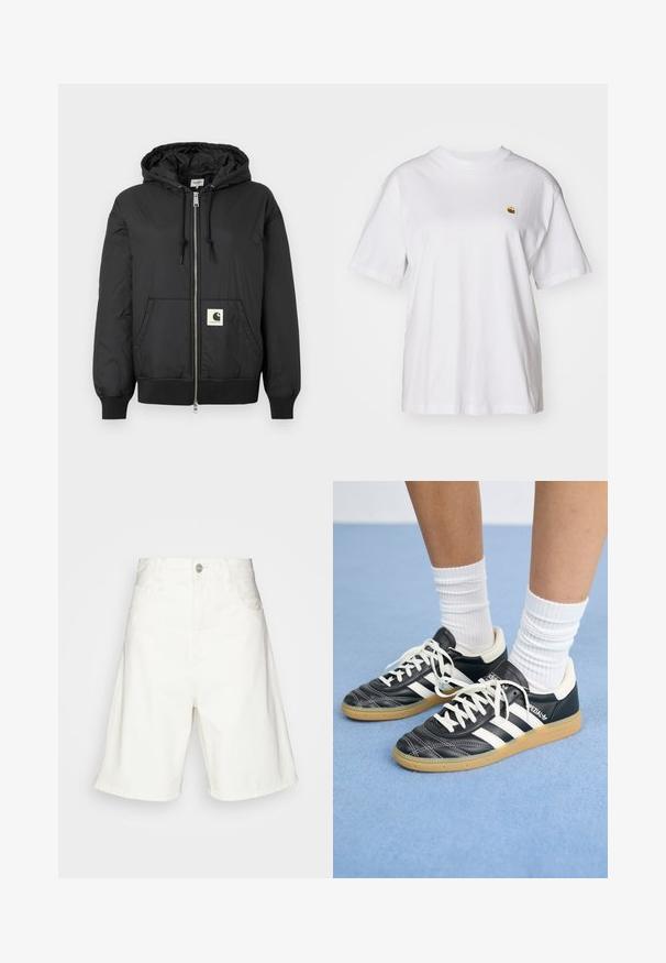 Jachetă neagră cu glugă, cu fermoar frontal, manșete și tiv ribbate și un patch pătrat cu logo în partea inferioară din față. Fabricată dintr-un material ușor și neted.; Tricou alb din bumbac cu o croială lejeră, mâneci scurte și un mic logo brodat în zona stângă a pieptului.; Shorts din denim alb cu talie înaltă, cu închidere frontală cu nasture, două buzunare laterale și un croi lejer. Textură netedă, fără modele vizibile.; Adidași din piele neagră cu dungi albe, vârful rotund, șireturi albe și talpă din cauciuc natural. Accentuați de un guler căptușit și detalii de brand.