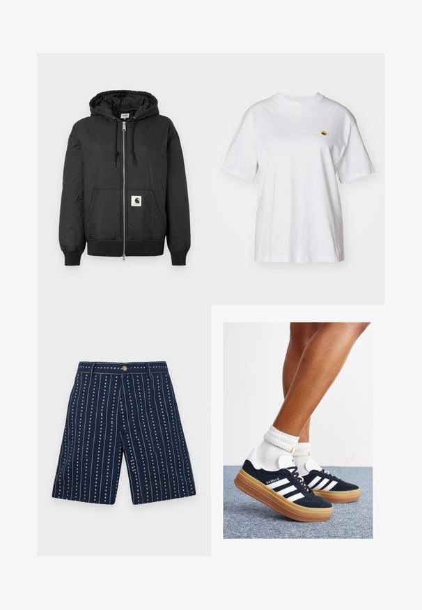 Black hooded jacket with a zip front, ribbed cuffs and hem, and a square logo patch on the lower front. Made from lightweight, smooth fabric.; White cotton t-shirt with a relaxed fit, short sleeves, and a small embroidered logo on the left chest area.; Navy shorts featuring vertical stripes with small heart patterns, made of fabric with a soft texture. Equipped with a front button and zipper.; Black suede sneakers with white stripes and accents, rounded toe, gum rubber outsole, paired with white ribbed crew socks.