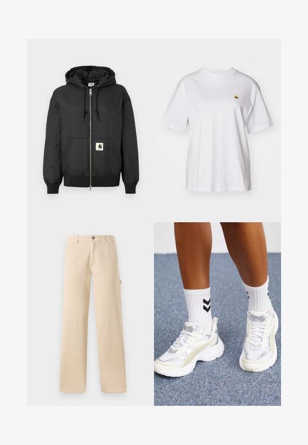 Jachetă neagră cu glugă, cu fermoar frontal, manșete și tiv ribbate și un patch pătrat cu logo în partea inferioară din față. Fabricată dintr-un material ușor și neted.; Tricou alb din bumbac cu o croială lejeră, mâneci scurte și un mic logo brodat în zona stângă a pieptului.; Pantaloni bej din catifea, cu o croială evazată, textură ribată vertical, buzunare frontale și detaliu cu nasture pe lateral.; Adidași albi cu accente argintii, din material tip plasă, și un design masiv. Împerecheați cu șosete albe cu modele în zigzag negre.