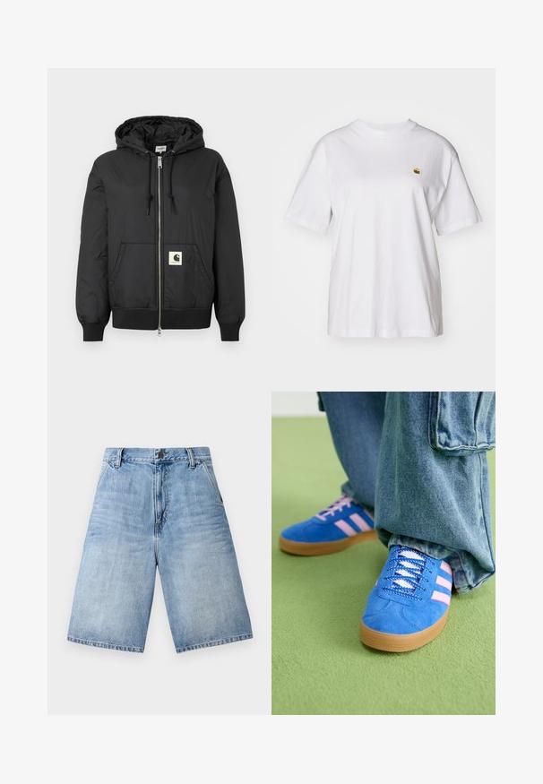 Schwarze Kapuzenjacke mit Reißverschluss, gerippten Bündchen und Saum sowie einem quadratischen Logo-Patch auf der unteren Vorderseite. Hergestellt aus leichtem, glattem Material.; Weißes Baumwoll-T-Shirt mit lockerem Schnitt, kurzen Ärmeln und einem kleinen gestickten Logo auf der linken Brustseite.; Helles blaues Denim-Shorts mit lockerer Passform, Fünf-Taschen-Design und einem Knopfverschluss am Bund. Ausgefranster Saum an den Beinen.; Blaue Wildlederschuhe mit rosa Streifen und weißen Schnürsenkeln, ausgestattet mit einer Gummisohle, kombiniert mit lockeren Jeanshosen auf einer grünen Fläche.