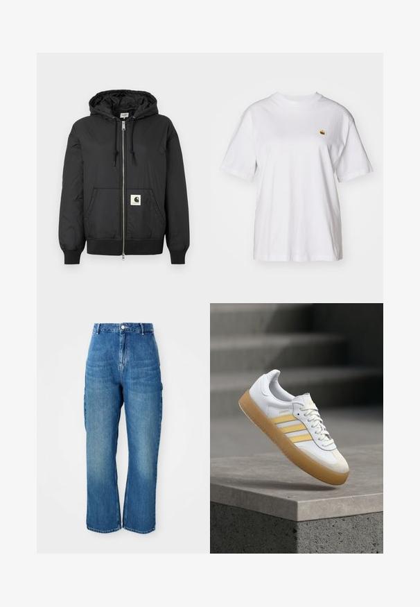 Must mustaga, millel on ees lukk, soonikkoesde ja alumise ääre soonik, ning ruudukujuline logo plaastriga alumises ees. Valmistatud kergest, siledast kangast.; Valge puuvillane T-särk, millel on lõdva lõikega, lühikesed varrukad ja väike broderi logo vasakul rinnakarpi.; Kõrge vöökohaga sirged sinised teksapüksid, millel on eesnupp, lukukinnitus ja külgmised cargo taskud valge tausta vastu.; Valged nahast tossud kollaste aksentidega, kolme triibuga ja kummist tallaga. Omavad ümarat nina ja tekstuuriga keelt.