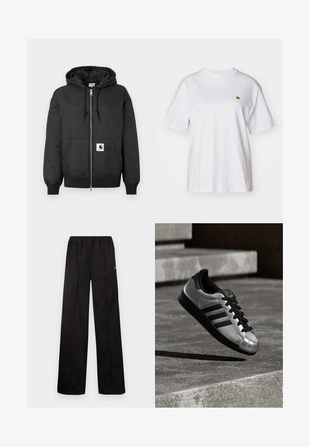 Black hooded jacket with a zip front, ribbed cuffs and hem, and a square logo patch on the lower front. Made from lightweight, smooth fabric.; White cotton t-shirt with a relaxed fit, short sleeves, and a small embroidered logo on the left chest area.; Black, wide-leg pants with an elastic waistband. Made from soft material with minimal detailing, featuring a small logo on one side.; Silver sneaker with a black rubber sole, black laces, and three black stripes. Features a metallic finish and classic shell toe design.