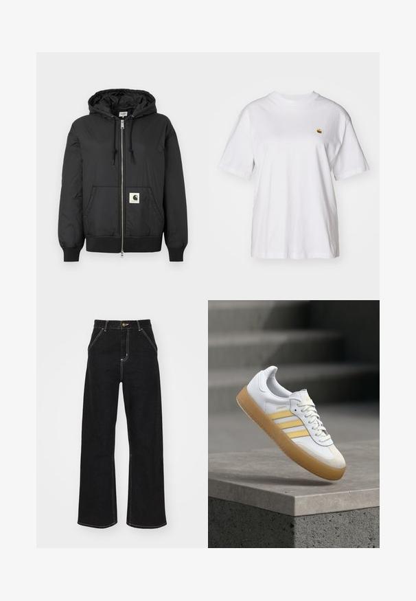 Black hooded jacket with a zip front, ribbed cuffs and hem, and a square logo patch on the lower front. Made from lightweight, smooth fabric.; White cotton t-shirt with a relaxed fit, short sleeves, and a small embroidered logo on the left chest area.; Black wide-leg jeans made of denim, featuring contrasting white stitching and a front button closure, with two angled front pockets.; White leather sneaker with yellow accents, three stripes, and a gum rubber sole. Features a rounded toe and textured tongue.