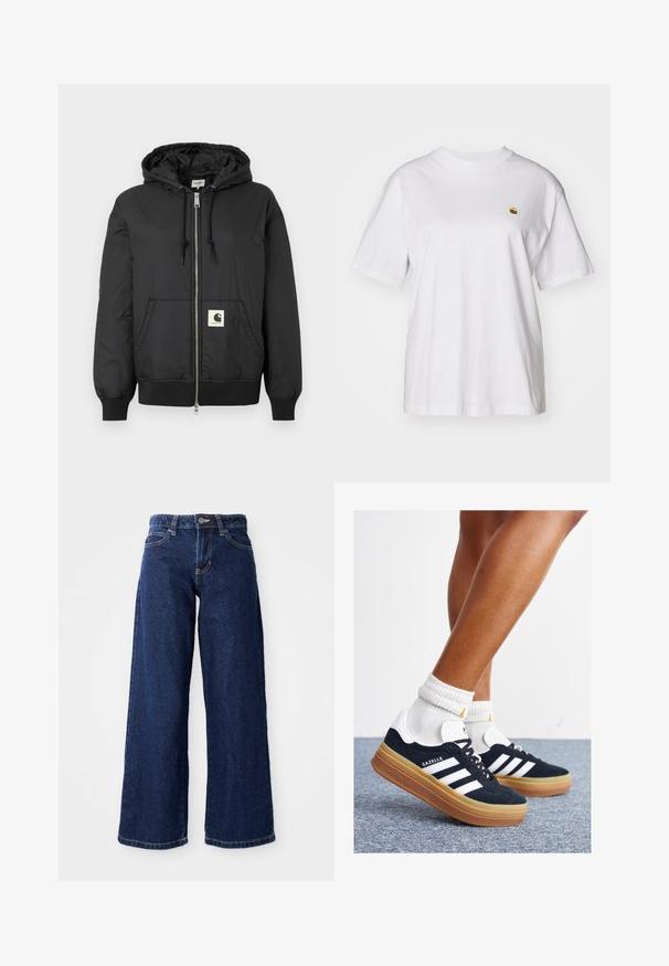 Svart hettejakke med glidelås foran, ribbede mansjetter og hem, samt en firkantet logo-patch nederst foran. Laget av lett og glatt stoff.; Hvit bomulls t-skjorte med avslappet passform, korte ermer og en liten brodert logo på venstre brystområde.; Mørkeblå bredbeinede jeans laget av denim, med knapplås og glidelås, beltesløyfer og klassisk fem-lomme design.; Svarte sneakers i semsket skinn med hvite striper og detaljer, rund tå, yttersåle i gummigummi, kombinert med hvite ribbestrikkede crew-sokker.