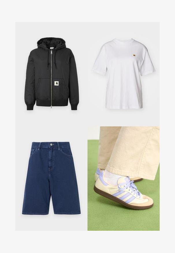 Must mustaga, millel on ees lukk, soonikkoesde ja alumise ääre soonik, ning ruudukujuline logo plaastriga alumises ees. Valmistatud kergest, siledast kangast.; Valge puuvillane T-särk, millel on lõdva lõikega, lühikesed varrukad ja väike broderi logo vasakul rinnakarpi.; Tumedat sinised teksapüksid traditsioonilise viie taskuga disainiga, vöötrate ning ees oleva nupuga kinnitusega. Sile tekstuur nähtava õmblusega.; Kreemi ja lavendlivärvi tenniset, millel on kolm triipu ja tekstuuriga pruun tall, varustatud paelte ja pehmendatud kontsaga. Pehme kangast ülemine osa.