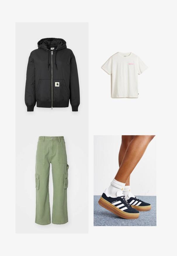 Schwarze Kapuzenjacke mit Reißverschluss, gerippten Bündchen und Saum sowie einem quadratischen Logo-Patch auf der unteren Vorderseite. Hergestellt aus leichtem, glattem Material.; Vans T-Shirt print - white; Grüne Baumwoll-Cargohosen mit weitem Bein, ausgestattet mit zwei großen Seitentaschen und einem Knopfverschluss hinten in der Taille. Strukturierter Stoff.; Schwarze Wildledersneaker mit weißen Streifen und Akzenten, rundlicher Zehenbereich, Sohlen aus braunem Gummi, kombiniert mit weißen, gerippten Sneakersocken.