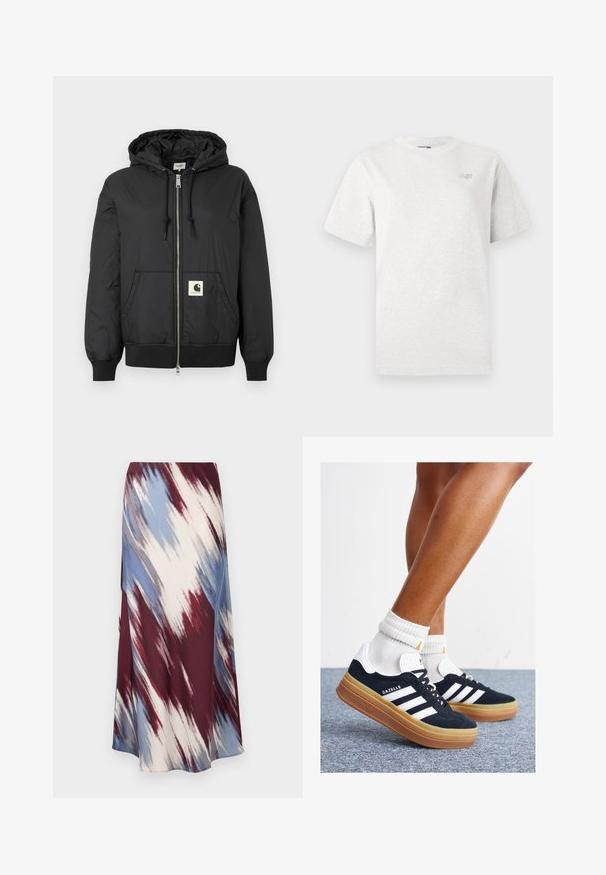 Must mustaga, millel on ees lukk, soonikkoesde ja alumise ääre soonik, ning ruudukujuline logo plaastriga alumises ees. Valmistatud kergest, siledast kangast.; Hallide lühikeste varrukatega hall T-särk, mis on valmistatud pehmest puuvillast, ümarate kaelustega ja vasakul rinnal väikese logoga.; Pikad seelik, millel on diagonaalne tie-dye muster burgundia, sinise ja kreemja värviga, valmistatud pehmest kangast, omades voolavat siluetti ja kerget sära.; Mustad seemisnahast tossud valgete triipude ja detailidega, ümarate varbassosadega, kummist välistallaga, paaritatud valgete soonikuliste meessokkidega.