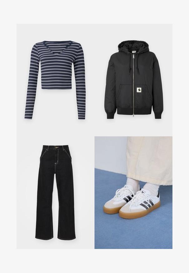 Fekete, kapucnis dzseki, elöl cipzárral, bordázott mandzsettákkal és hempergő aljjal, az alsó elején egy négyzet alakú logóval. Könnyű, sima anyagból készült.; Sötétkék, cropped, hosszú ujjú felső, fehér vízszintes csíkokkal és V-nyakkivágással. Rugalmas anyagból készült, amelyek hengerezett kialakítással rendelkezik.; Fekete, széles szárú farmernadrág, kontrasztos fehér varrással és elülső gombos záródással, két ferde elülső zsebbel.; Fehér sportcipő fekete csíkokkal és bézs velúr részletekkel. Texturált gumi talppal és lapos fehér fűzőkkel rendelkezik, világos színű zoknival viselve.