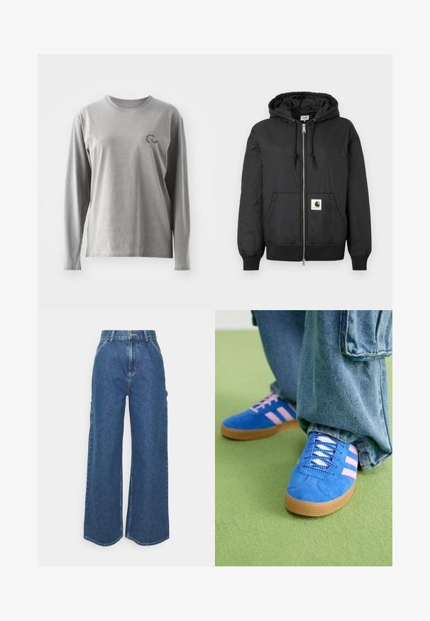 Giacca nera con cappuccio, dotata di zip frontale, polsini e orlo a coste, e una patch logo quadrata nella parte bassa anteriore. Realizzata in tessuto leggero e liscio.; Camicia in cotone grigia a maniche lunghe con scollatura rotonda e un piccolo dettaglio del logo nero sul lato sinistro del petto. Tessuto morbido, vestibilità casual.; Pantaloni in denim blu a gamba larga con vita alta, cuciture a contrasto e tasche laterali, caratterizzati da un classico design a cinque tasche e orli grezzi.; Scarpe scamosciate blu con strisce rosa e lacci bianchi, dotate di una suola in gomma, abbinate a pantaloni di denim larghi su una superficie verde.