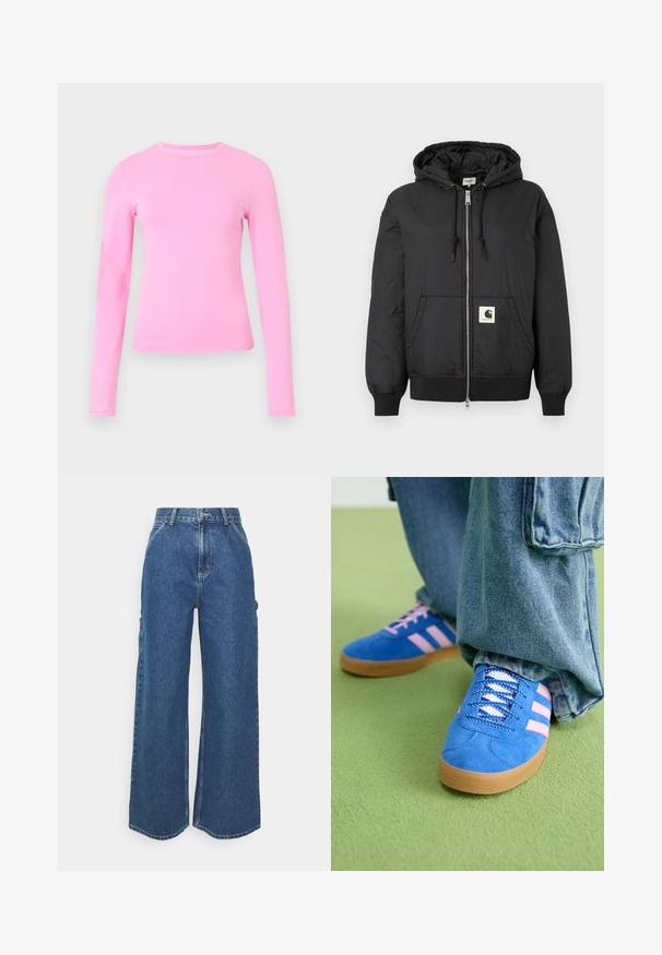 Črna kapučna jakna z zadrgo spredaj, rebrastimi manšetami in robom ter kvadratno logotipno nalepko na spodnjem sprednjem delu. Izdelana iz lahkega, gladkega materiala.; Majica s dolgimi rokavi iz mehkega roza blaga, z okroglim izrezom in prileganjem. Gladka tekstura brez vidnih vzorcev ali poudarkov.; Široke modre denim hlače z visokim pasom, kontrastnim šivom in stranskimi žepi, ki vključujejo klasičen pet-džepni dizajn in robove brez obdelave.; Modri semiš čevlji z rožnatimi črtami in belimi vezalkami, z gumijastim podplatom, v kombinaciji z ohlapnimi jeans hlačami na zeleni površini.