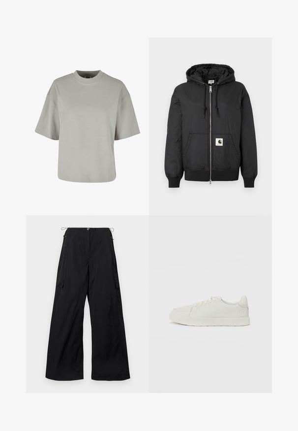 Giacca nera con cappuccio, dotata di zip frontale, polsini e orlo a coste, e una patch logo quadrata nella parte bassa anteriore. Realizzata in tessuto leggero e liscio.; T-shirt grigio a maniche corte con collo rotondo, realizzato in morbido cotone, caratterizzato da una vestibilità rilassata e dettagli di cucitura minimi.; Pantaloni neri a gamba larga realizzati in tessuto leggero, con apertura frontale con bottone, vita regolabile con cordino e dettagli con tasche cargo laterali.; Sneakers bianchi con una texture liscia, punta rotonda e dettagli di cucitura sottili. Lacci piatti e un accento del logo sul tallone. Design minimalista.