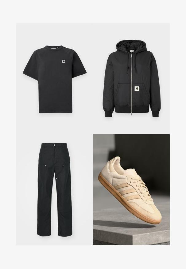 Crna jakna s kapuljačom, sa patentnim zatvaračem sprijeda, rebrastim manžetama i donjim rubom, te kvadratnom oznakom na donjem prednjem dijelu. Izrađena od laganog, glatkog materijala.; Crna pamučna majica s okruglim izrezom, kratkim rukavima i pravokutnom oznakom na lijevoj strani prsnog koša.; Crne hlače ravnog kroja, napravljene od teksturirane tkanine. Sadrže dekorativne srebrne detalje i jedinstveno obrubljene šavove.; Svijetlosmeđi nubuk tenisice s gumenim potplatom, tri dijagonalne pruge i teksturirani vrh. Sadrži logo na jeziku i bočnoj strani.