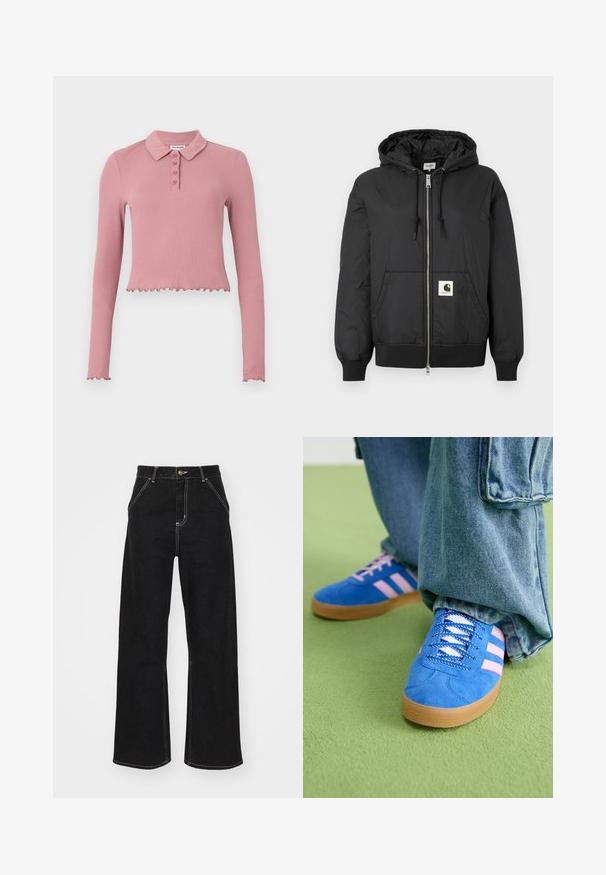 Crna jakna s kapuljačom, sa patentnim zatvaračem sprijeda, rebrastim manžetama i donjim rubom, te kvadratnom oznakom na donjem prednjem dijelu. Izrađena od laganog, glatkog materijala.; Dugulja dugih rukava, skraćena polo majica od rebrastog, mekog ružičastog materijala. Ima ovratnik i kopčanje s dugmadi, te četiri dugmeta i volanasti rub.; Crne široke traperice izrađene od denima, s kontrastnim bijelim šavovima i prednjim kopčanjem na dugme, s dva koso oblikovana prednja džepa.; Plave zamšne cipele s ružičastim prugama i bijelim vezicama, s gumenim potplatom, u kombinaciji s širokim trapericama na zelenoj podlozi.