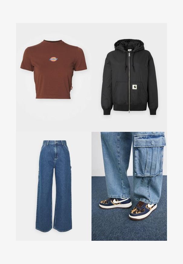 Must mustaga, millel on ees lukk, soonikkoesde ja alumise ääre soonik, ning ruudukujuline logo plaastriga alumises ees. Valmistatud kergest, siledast kangast.; Pruun lühike T-särk, millel on sooniku kõrge kaelus ja lühikesed varrukad. Rinnal on sinise ja kollase värviga ringikujuline "Dickies" logo.; Laiene jalad sinised denim püksid kõrge vöökohaga, kontrastsete õmblustega ja küljetaskutega, klassikalise viie taskuga disainiga ja toore servaga.; Tumed sinised tennised leopardimustriga aktsentide, valge Nike logoga, pruunide paelte ja valge vaheosaga. Kombineeritud heledate denimpükstega.