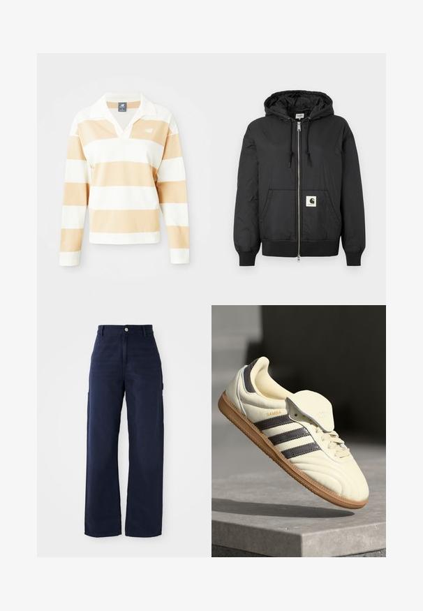 Melns kapuci jaka ar rāvējslēdzēju priekšpuses, ribotām piedurknēm un apakšējo daļu, kā arī kvadrātveida logo uzlīmi apakšējā priekšpusē. Izgatavota no viegla, gluda auduma.; Garais piedurkņu polo krekls baltā un gaismas brūnā svītrā. Iezīmēts ar apkakli, mīkstu audumu un mazu logo kreisajā krūtīs.; Jūras zilas platās kājas kravas bikses, izgatavotas no izturīgas kokvilnas auduma, ar sānu kabatām un pogu aizdari viduklī.; Krēmkrāsas ādas tenisbikses ar trim tumšiem svītrām, brūnu gumijas zoli un noapaļotu purngalu. Iezīme ir locījamā mēle ar uzrakstu "SAMBA".