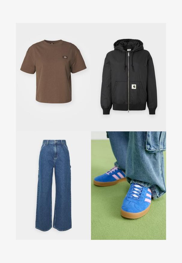 Juoda gobtuvo striukė su užtrauktuku priekyje, raukšlėtais rankogaliais ir apatine dalimi, bei kvadratiniu logotipo ženklu apatiniame priekyje. Pagaminta iš lengvos, lygaus audinio.; Dickies OAKPORT BOXY TEE - Paprasti marškinėliai - mushroom; Plačios mėlynos džinsinės kelnes su aukštu juosmeniu, kontrastingais siūlais ir šoninėmis kišenėmis, turinčios klasikinį penkių kišenių dizainą ir brutalius kraštus.; Mėlyni zomšiniai bateliai su rožinėmis juostelėmis ir baltais raišteliais, turintys guminį padą, derinami su laisvais džinsiniais kelnais ant žalios paviršiaus.
