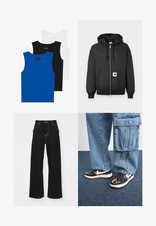 Svart hettejakke med glidelås foran, ribbede mansjetter og hem, samt en firkantet logo-patch nederst foran. Laget av lett og glatt stoff.; Tre ermeløse skjorter i blått, svart og hvitt. Stoffet er ribbet med rund halslinning. Hver skjorte har et merke merket "even&odd."; Svarte vide jeans laget av denim, med kontrasterende hvite sømmer og en frontknapplukking, samt to skrå frontlommer.; Mørkeblå sneakers med leopardmønstrede detaljer, hvit Nike-svosh, brune snører og hvit mellomsåle. Kombinert med lyse denim cargo-bukser.