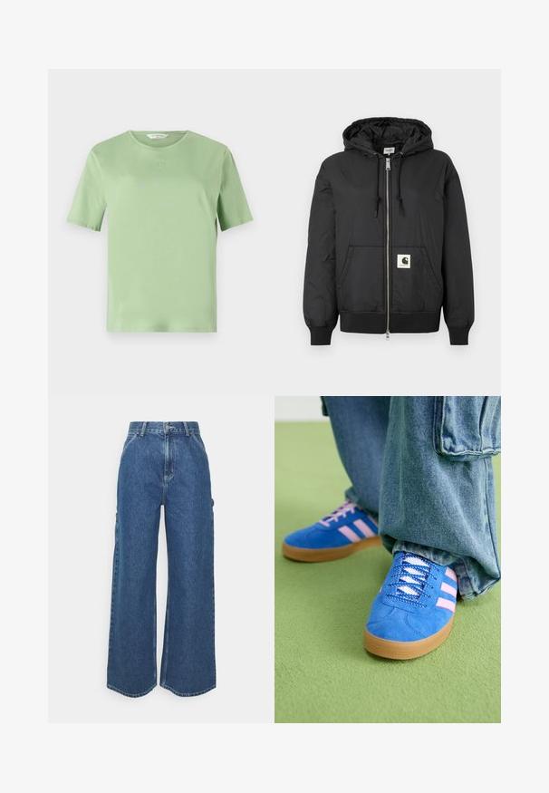 Giacca nera con cappuccio, dotata di zip frontale, polsini e orlo a coste, e una patch logo quadrata nella parte bassa anteriore. Realizzata in tessuto leggero e liscio.; T-shirt verde chiaro a maniche corte realizzato in tessuto morbido. Presenta un collo girocollo e un piccolo logo in rilievo sul petto. Design semplice.; Pantaloni in denim blu a gamba larga con vita alta, cuciture a contrasto e tasche laterali, caratterizzati da un classico design a cinque tasche e orli grezzi.; Scarpe scamosciate blu con strisce rosa e lacci bianchi, dotate di una suola in gomma, abbinate a pantaloni di denim larghi su una superficie verde.