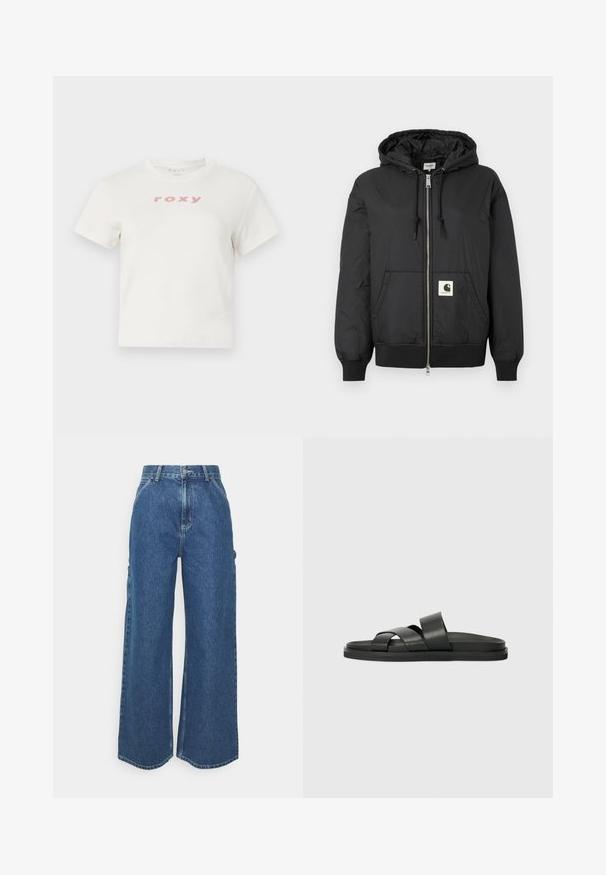 Black hooded jacket with a zip front, ribbed cuffs and hem, and a square logo patch on the lower front. Made from lightweight, smooth fabric.; White cotton t-shirt with short sleeves and a crew neckline, featuring a pink logo "roxy" printed on the front. Regular fit design.; Wide-leg blue denim trousers with a high waist, contrasting stitching, and side pockets, featuring a classic five-pocket design and raw hems.; Black leather slide sandals with a flat sole, featuring two wide, crossed straps for support and a smooth texture.