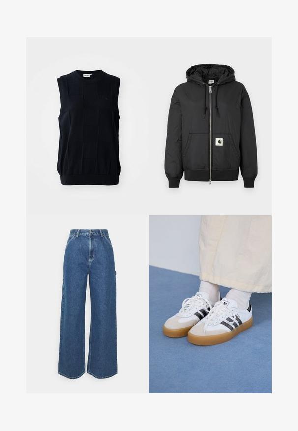 Zwarte hoodiejack met een ritssluiting aan de voorkant, ribbels aan de manchetten en onderrand, en een vierkant logo-patch op de onderzijde van de voorkant. Gemaakt van lichte, gladde stof.; Mouwloos gebreid topje in donkerblauw met een gestructureerd ruitpatroon. Kenmerken zijn een ronde halslijn en een elastische zoom. Gemaakt van flexibele stof.; Brede blauwe denim broeken met een hoge taille, contrasterende stiksels en zijzakken, uitgerust met een klassieke vijf-pocket stijl en ongewerkte naden.; Witte sneakers met zwarte strepen en beige suède accenten. Voorzien van een gestructureerde gumzool en platte witte veters, gedragen met lichtgekleurde sokken.
