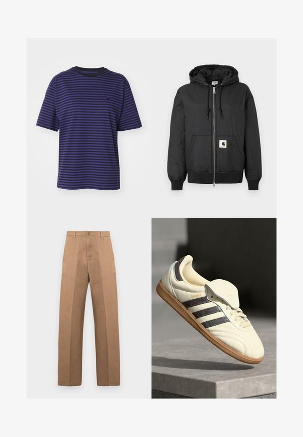 Jachetă neagră cu glugă, cu fermoar frontal, manșete și tiv ribbate și un patch pătrat cu logo în partea inferioară din față. Fabricată dintr-un material ușor și neted.; Carhartt WIP VERNER - Tricou cu imprimeu - black/aura; Pantaloni maro din bumbac cu design cu picior drept, prevăzuți cu închidere cu nasturi, bucle pentru curea și cusături minime pentru un aspect curat.; Sneakers din piele crem cu trei dungi întunecate, o talpă din cauciuc de culoare maronie și un vârf rotunjit. Dispune de o limbă pliabilă etichetată "SAMBA."