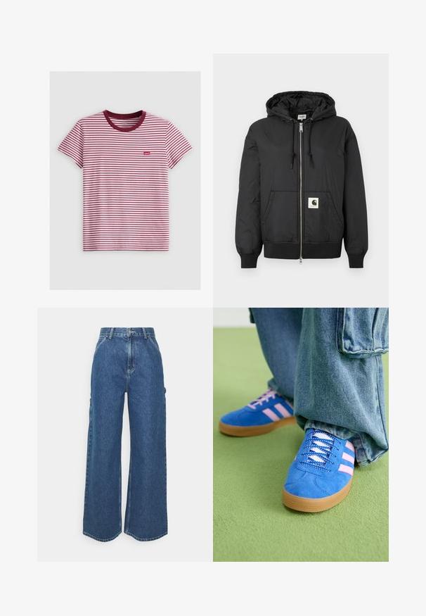 Giacca nera con cappuccio, dotata di zip frontale, polsini e orlo a coste, e una patch logo quadrata nella parte bassa anteriore. Realizzata in tessuto leggero e liscio.; T-shirt a righe rosse e bianche con maniche corte, colletto girocollo bordeaux e un piccolo etichetta rossa Levi's sul lato sinistro. Materiale in cotone.; Pantaloni in denim blu a gamba larga con vita alta, cuciture a contrasto e tasche laterali, caratterizzati da un classico design a cinque tasche e orli grezzi.; Scarpe scamosciate blu con strisce rosa e lacci bianchi, dotate di una suola in gomma, abbinate a pantaloni di denim larghi su una superficie verde.