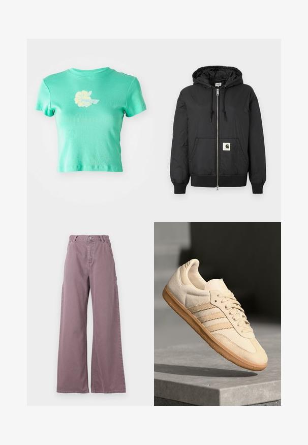 Black hooded jacket with a zip front, ribbed cuffs and hem, and a square logo patch on the lower front. Made from lightweight, smooth fabric.; Cropped t-shirt in light teal fabric featuring a floral design and "ROXY" logo in white and yellow at the center front. Short sleeves.; Wide-leg pants in dusty mauve cotton, featuring a front button closure, side pockets, and stitched detailing along the seams.; Light beige suede sneaker with gum outsole, three diagonal stripes, and a textured toe cap. Features logo on the tongue and side.