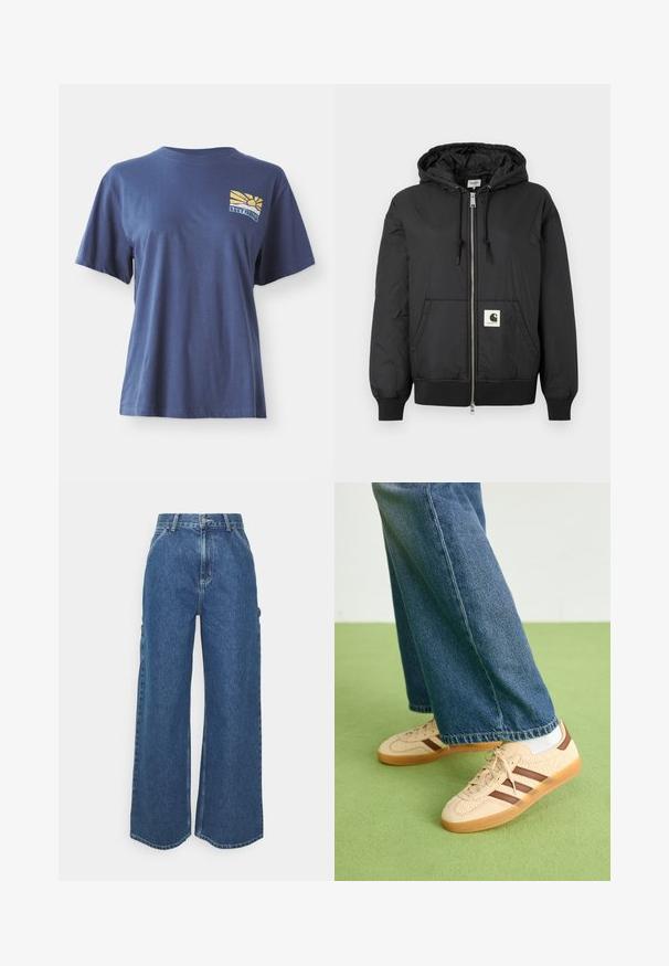 Black hooded jacket with a zip front, ribbed cuffs and hem, and a square logo patch on the lower front. Made from lightweight, smooth fabric.; Navy blue cotton t-shirt with short sleeves, featuring a yellow and blue sunrise graphic on the left chest, labeled "ROXY PARADISE."; Wide-leg blue denim trousers with a high waist, contrasting stitching, and side pockets, featuring a classic five-pocket design and raw hems.; Beige sneakers with textured cream panels and brown stripes, paired with blue denim jeans. The jeans have a wide leg and frayed hem.