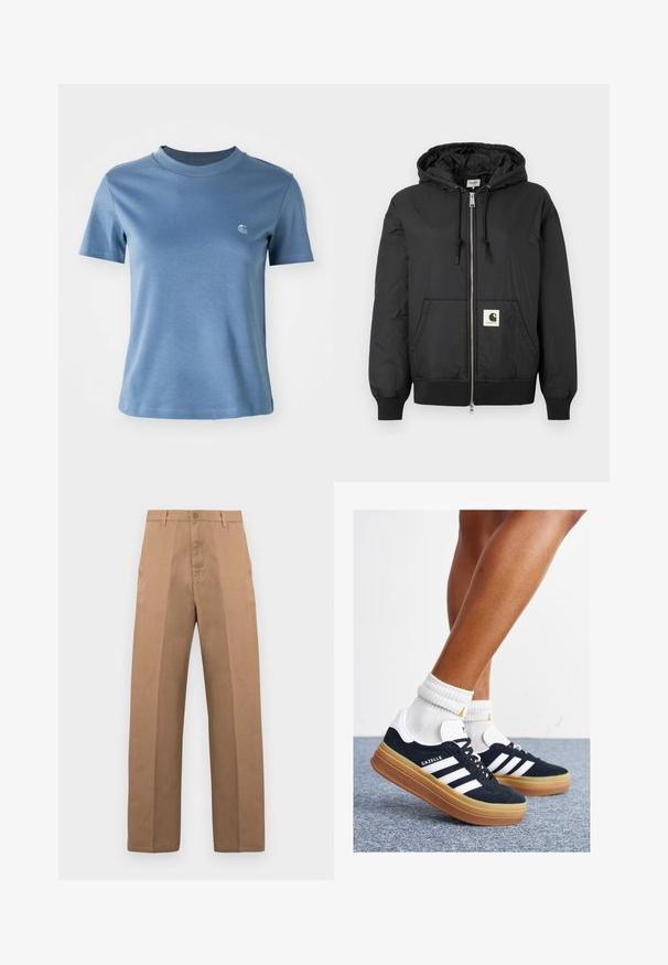 Schwarze Kapuzenjacke mit Reißverschluss, gerippten Bündchen und Saum sowie einem quadratischen Logo-Patch auf der unteren Vorderseite. Hergestellt aus leichtem, glattem Material.; Himmelblaues T-Shirt mit kurzer Ärmeln und Rundhalsausschnitt, mit kleinem weißen Logo auf der linken Brust, vor einem schlichten weißen Hintergrund.; Braune Baumwollhose mit geradem Bein, ausgestattet mit Knopfverschluss, Gürtelschlaufen und minimalen Nähten für ein sauberes Erscheinungsbild.; Schwarze Wildledersneaker mit weißen Streifen und Akzenten, rundlicher Zehenbereich, Sohlen aus braunem Gummi, kombiniert mit weißen, gerippten Sneakersocken.