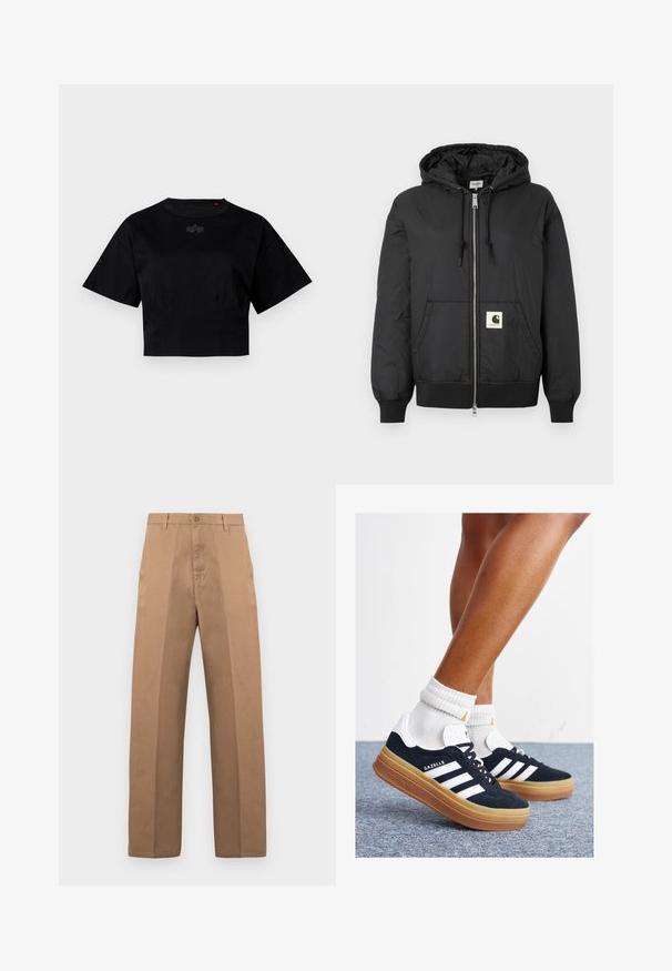 Crna jakna s kapuljačom, sa patentnim zatvaračem sprijeda, rebrastim manžetama i donjim rubom, te kvadratnom oznakom na donjem prednjem dijelu. Izrađena od laganog, glatkog materijala.; Crna skraćena majica od pamuka. Ima kratke rukave i okrugli izrez. Sadrži suptilan detalj loga na prsima.; Smeđe pamučne hlače ravnog kroja, s kopčanjem na gumb, petljama za remen i minimalnim šavovima za čist izgled.; Crne tenisice od brušene kože s bijelim prugama i detaljima, okruglim vrhom, gumeni potplat boje gume, uparene s bijelim rebrastim čarapama.
