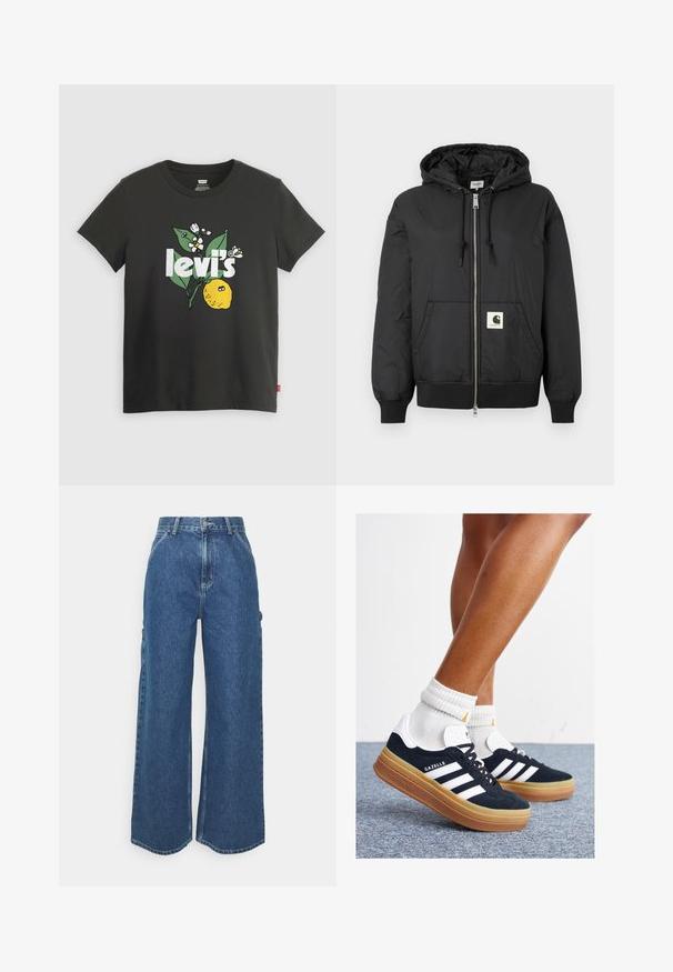 Fekete, kapucnis dzseki, elöl cipzárral, bordázott mandzsettákkal és hempergő aljjal, az alsó elején egy négyzet alakú logóval. Könnyű, sima anyagból készült.; Fekete pamut póló citrom grafikával, fehér szöveggel "levi's" felirattal és zöld, fehér virágos díszítésekkel. Rövid ujjú, kerek nyakú.; Széles szárú, kék farmernadrág magas derékkal, kontrasztos varrással és oldalsó zsebekkel, klasszikus öt zsebes kialakítással és nyers szegéllyel.; Fekete velúr sportcipő fehér csíkokkal és díszítésekkel, lekerekített orral, gumitalpú külső résszel, fehér bordázott bokazoknival párosítva.