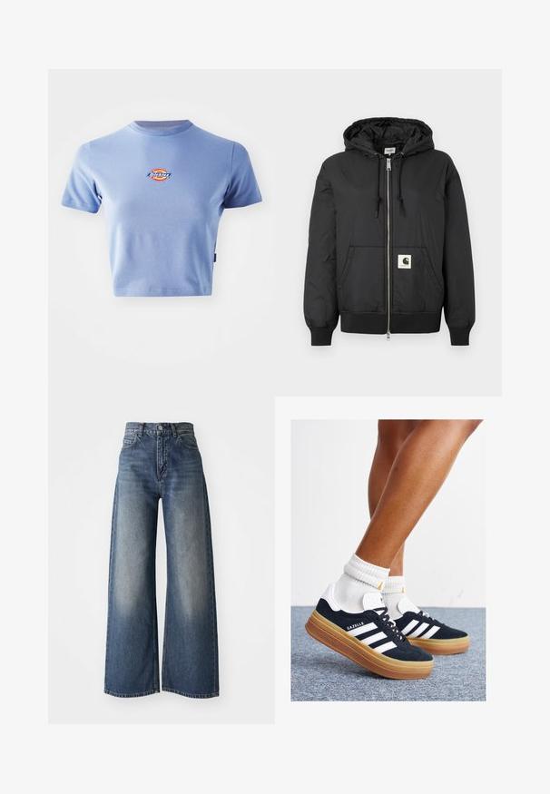 Fekete, kapucnis dzseki, elöl cipzárral, bordázott mandzsettákkal és hempergő aljjal, az alsó elején egy négyzet alakú logóval. Könnyű, sima anyagból készült.; Rövidujjú, világoskék pamut crop top. Jellemzője egy kör alakú, több színű logó "Dickies" felirattal a mellkason.; Kék, magas derekú, bőszárú farmernadrág elülső gombbal és zsebekkel, a combokon elhalványult textúrával és egyenes szegéllyel.; Fekete velúr sportcipő fehér csíkokkal és díszítésekkel, lekerekített orral, gumitalpú külső résszel, fehér bordázott bokazoknival párosítva.