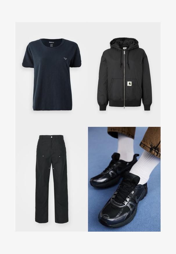 Veste à capuche noire avec fermeture éclair sur le devant, poignets et ourlet côtelés, et un patch logo carré sur le bas à l'avant. Fabriquée en tissu léger et lisse.; T-shirt bleu marine à manches courtes en tissu doux, avec un col rond et un petit logo sur la poitrine gauche. Design simple et décontracté.; Pantalons noirs avec un design à jambe droite, fabriqués dans un tissu texturé. Comprend des accessoires décoratifs en métal argenté et des détails de couture uniques.; Baskets Nike noires en mesh et matériau synthétique, avec une tige texturée, des lacets noirs et des semelles en caoutchouc durables. Chaussettes blanches côtelées visibles.