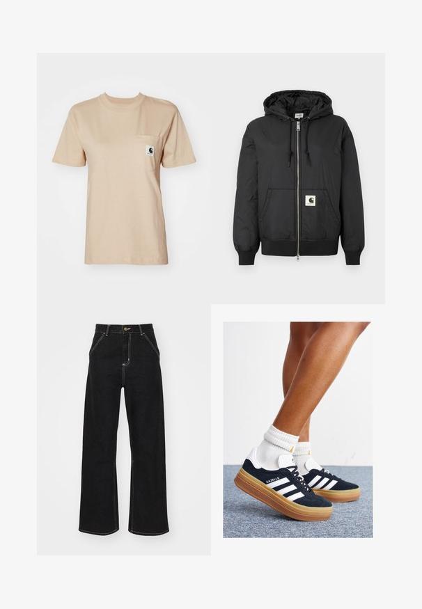 Crna jakna s kapuljačom, sa patentnim zatvaračem sprijeda, rebrastim manžetama i donjim rubom, te kvadratnom oznakom na donjem prednjem dijelu. Izrađena od laganog, glatkog materijala.; Bež pamukasta majica s okruglim izrezom, kratkim rukavima i džepom na prsima s malim logotipom. Glatka tekstura i jednostavan dizajn.; Crne široke traperice izrađene od denima, s kontrastnim bijelim šavovima i prednjim kopčanjem na dugme, s dva koso oblikovana prednja džepa.; Crne tenisice od brušene kože s bijelim prugama i detaljima, okruglim vrhom, gumeni potplat boje gume, uparene s bijelim rebrastim čarapama.