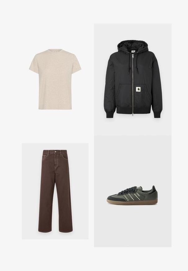 Black hooded jacket with a zip front, ribbed cuffs and hem, and a square logo patch on the lower front. Made from lightweight, smooth fabric.; Beige short-sleeve t-shirt made from a textured fabric, featuring a classic crew neckline and a relaxed, straight-cut fit.; Brown wide-leg denim pants with contrasting stitching, five pockets, and a metal button closure. Smooth texture, straight cut.; adidas Originals SAMBA OG - Trainers - core black/legend earth/gum