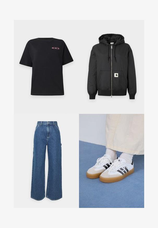 Black hooded jacket with a zip front, ribbed cuffs and hem, and a square logo patch on the lower front. Made from lightweight, smooth fabric.; Black cotton t-shirt with a relaxed fit, crew neckline, short sleeves, and a colorful logo embroidered on the left chest.; Wide-leg blue denim trousers with a high waist, contrasting stitching, and side pockets, featuring a classic five-pocket design and raw hems.; White sneakers with black stripes and beige suede accents. Feature a textured gum sole and flat white laces, worn with light-colored socks.