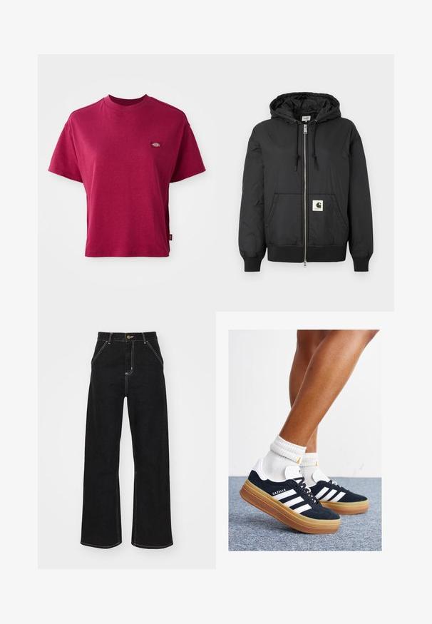 Jachetă neagră cu glugă, cu fermoar frontal, manșete și tiv ribbate și un patch pătrat cu logo în partea inferioară din față. Fabricată dintr-un material ușor și neted.; Tricou slim-fit, roșu închis, cu mânecă scurtă, guler rotund și o mică emblemă multicoloră a brandului pe pieptul stâng.; Jeans negri, cu pantaloni evazați, din denim, caracterizându-se prin cusături albe contrastante și închidere cu un nasture în față, având două buzunare frontale înclinate.; Adidași negri din piele întoarsă cu dungi și accente albe, vârf rotund, talpă de cauciuc gumă, asortați cu șosete albe cu model nervurat.